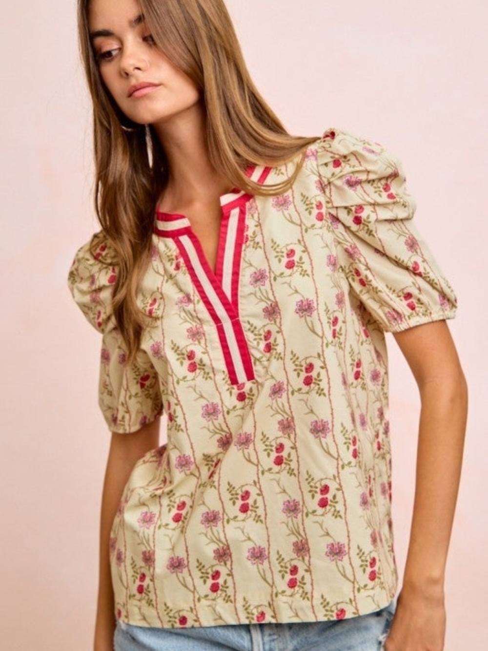 BiBi Cream Floral Puff-Sleeve V-Neck Blouse with Pink Trim - Picture 2 of 3